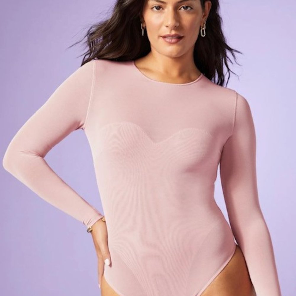 YITY Mesh Me Smoothing Sleeved Thong Bodysuit - Bare Ass Mauve - NWT - Size Larg